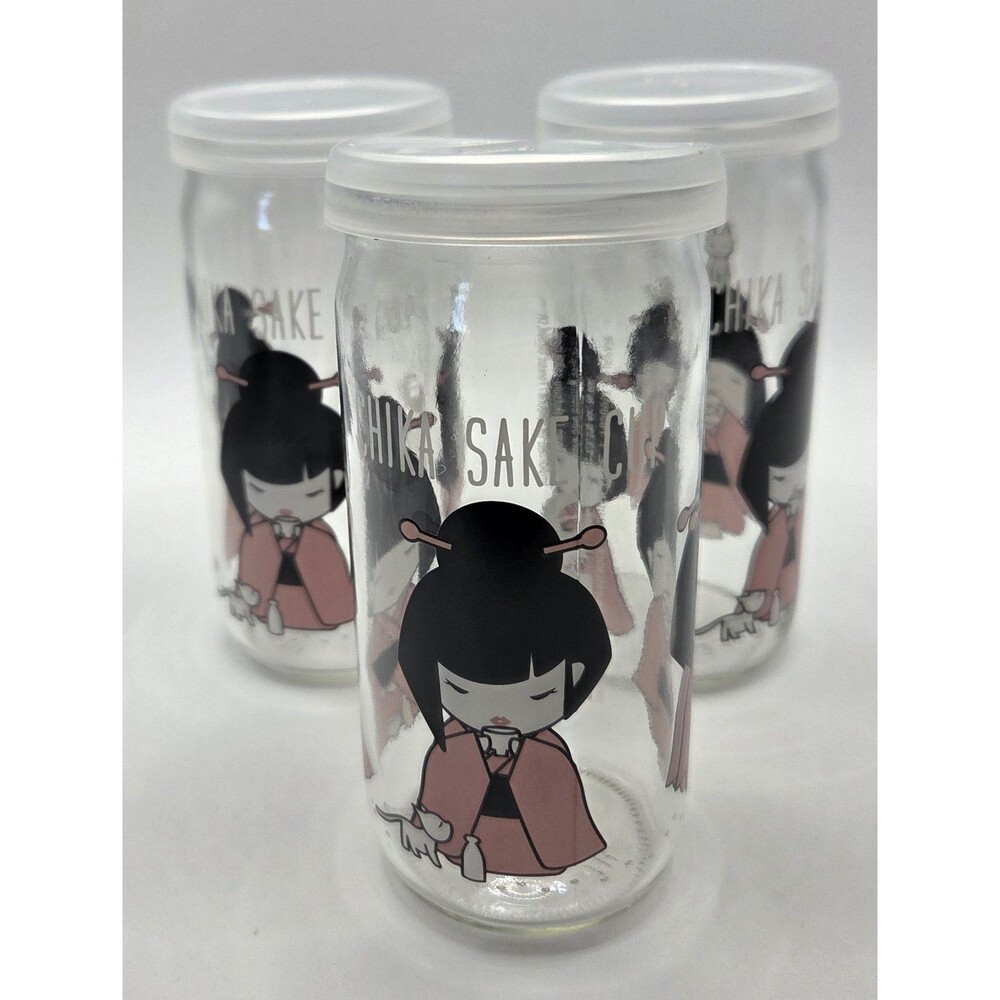 Set of 3 Hakutsuru Chika Sake Glass Empty Container Japan w/ Lid Geisha Girls